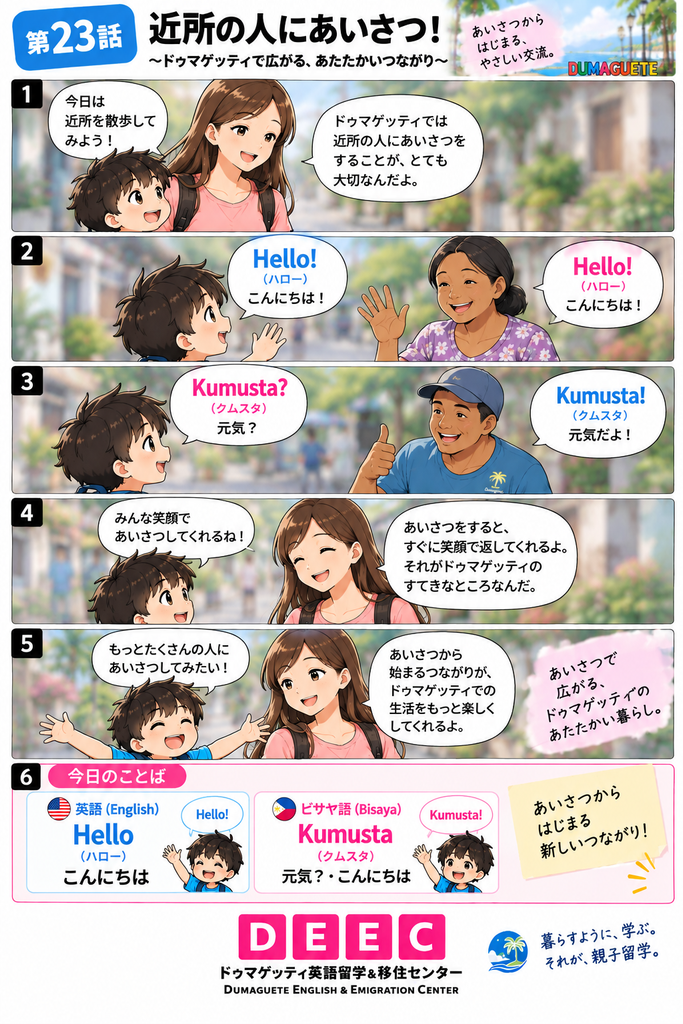 ドゥマゲッティの近所の人と英語の「Hello」、ビサヤ語の「Kumusta」であいさつをする親子の縦長マンガ画像