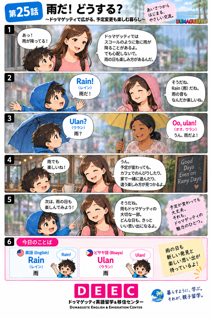 ドゥマゲッティの雨の日に、英語の「Rain」とビサヤ語の「Ulan」を親子で楽しく覚える縦長マンガ画像