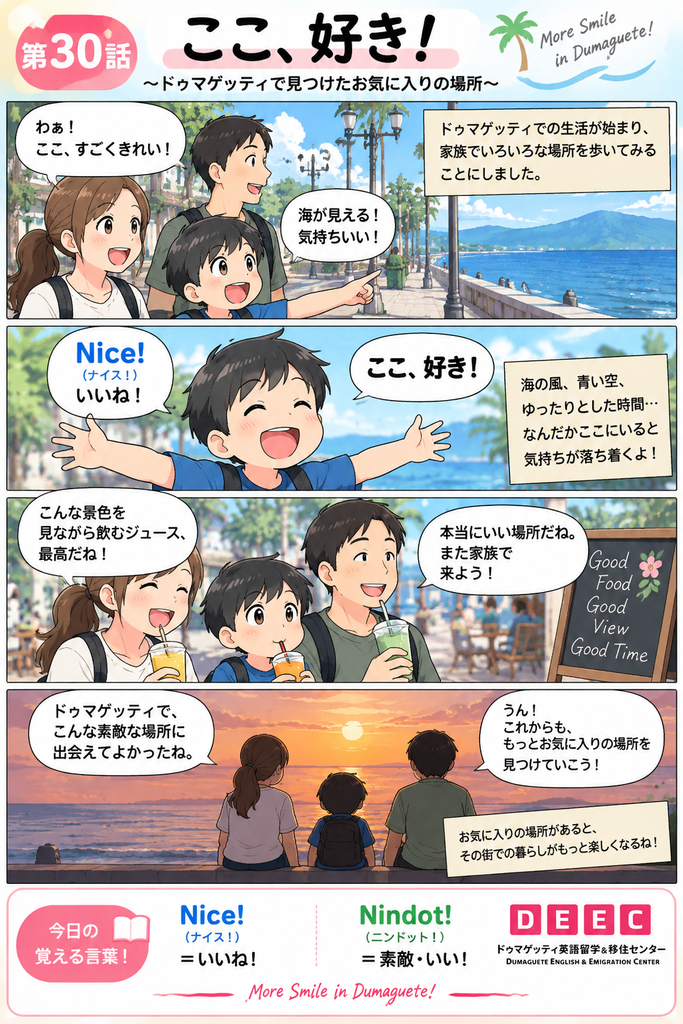 ドゥマゲッティの海沿いで親子3人が景色を楽しみ、お気に入りの場所を見つける場面を描いたDEEC英会話マンガ