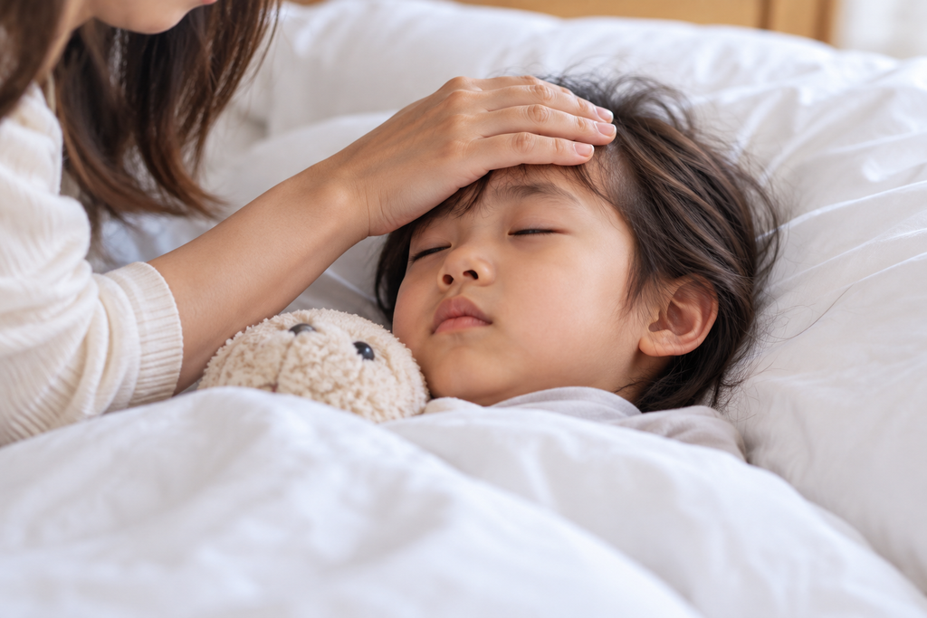 体調を崩し、ベッドに横になる子供とそれに寄り添う母親の画像