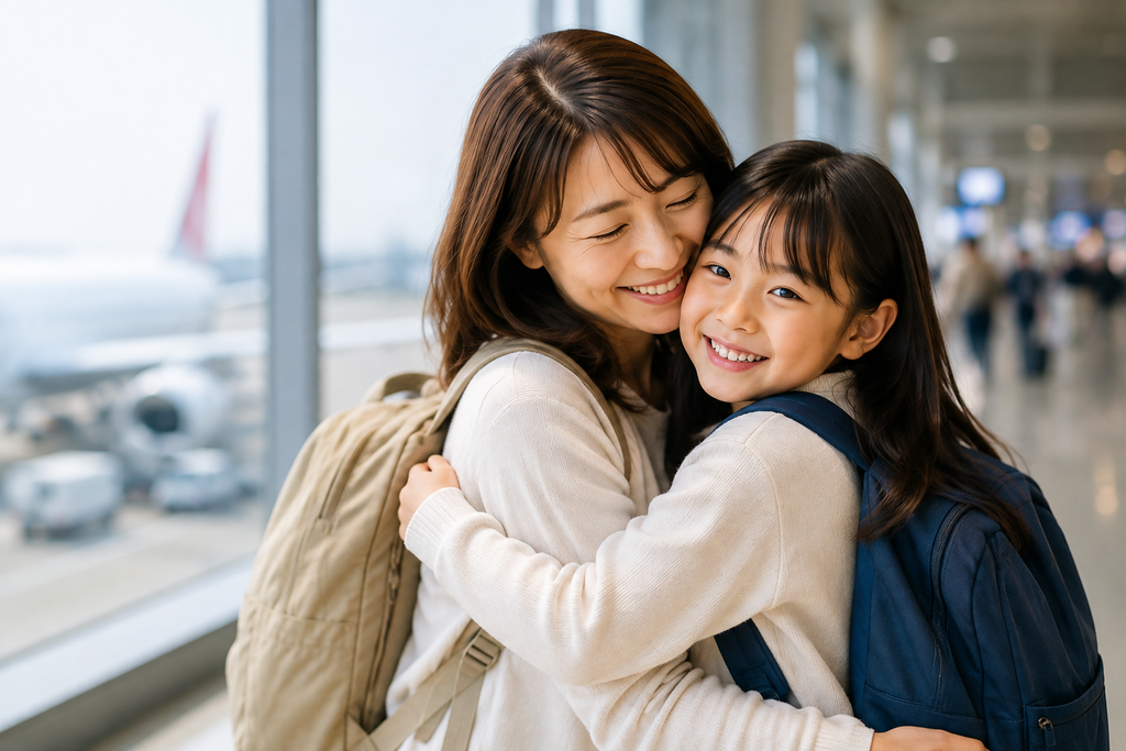 フィリピン親子留学から帰国した母親と子どもが空港で笑顔で抱き合っている様子