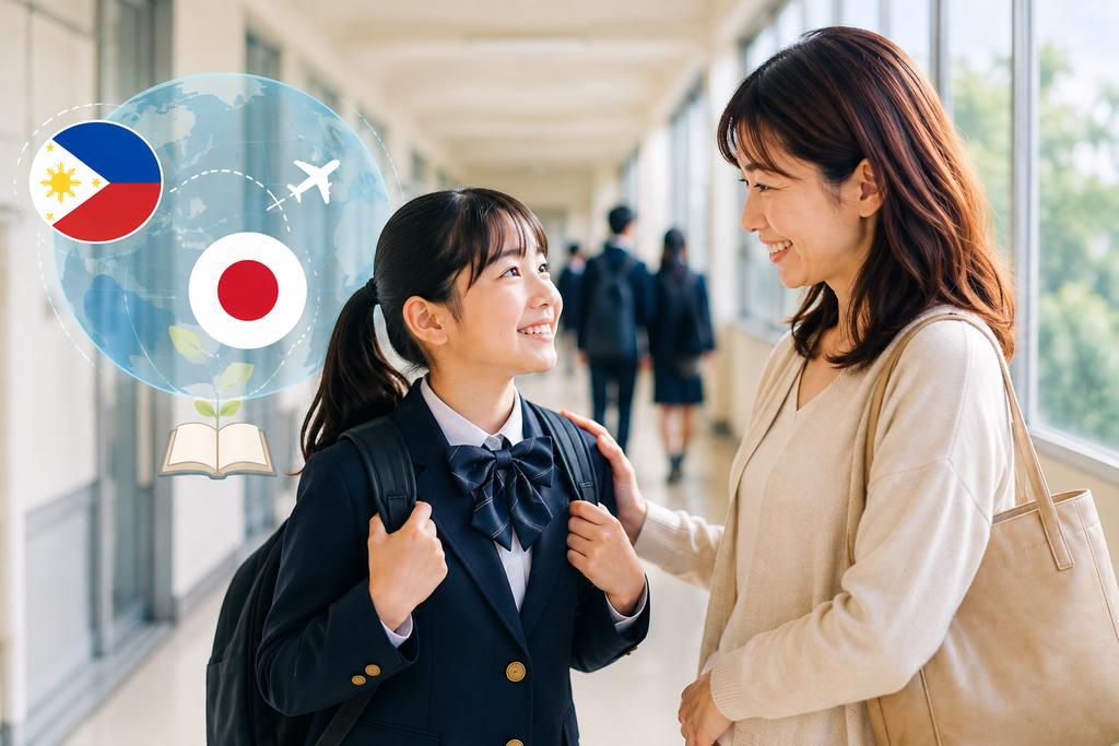 フィリピン親子留学を終えて日本の学校へ戻った子どもと母親が、帰国後の新しい学びや学校生活について話している様子。