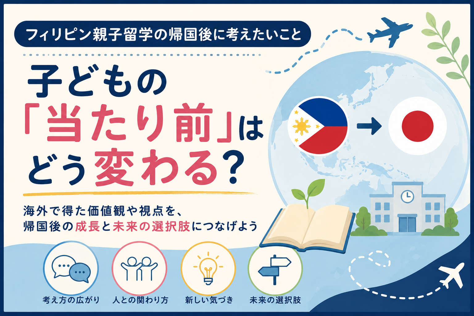 フィリピン親子留学を経験した子どもが、日本と海外の異なる文化や生活を知り、自分の「当たり前」を見つめ直す。