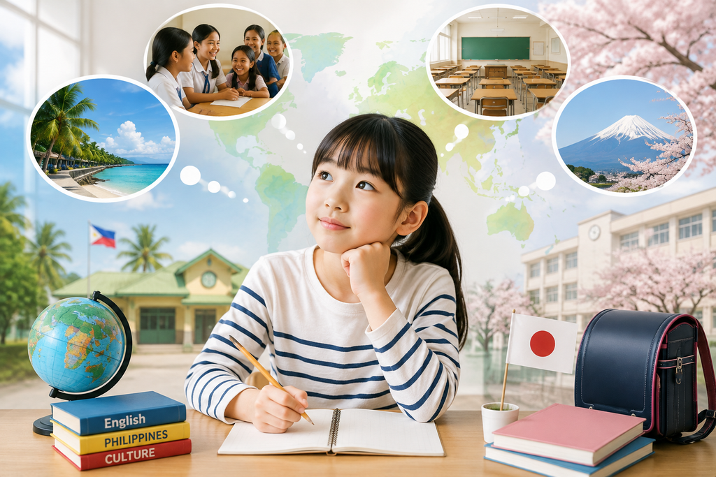 フィリピン親子留学を経験した子どもが海外での生活を振り返り、日本とは異なる文化や価値観について考えているイメージ。