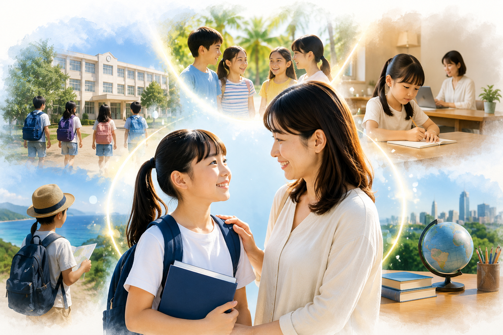 フィリピン親子留学から帰国した子どもが、学校や友達との関わりを通して成長していく様子を表現したイメージ。