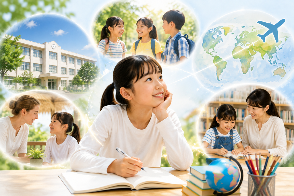 フィリピン親子留学を経験した子どもが、帰国後の学校生活や友達との関わり、新しい学びを通して視野を広げていく様子を表現したイメージ。