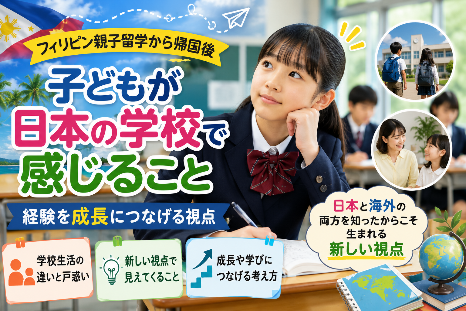 フィリピン親子留学から帰国した子どもが日本の学校生活に戻り、日本と海外の違いを感じながら新しい視点や学びを得ている様子