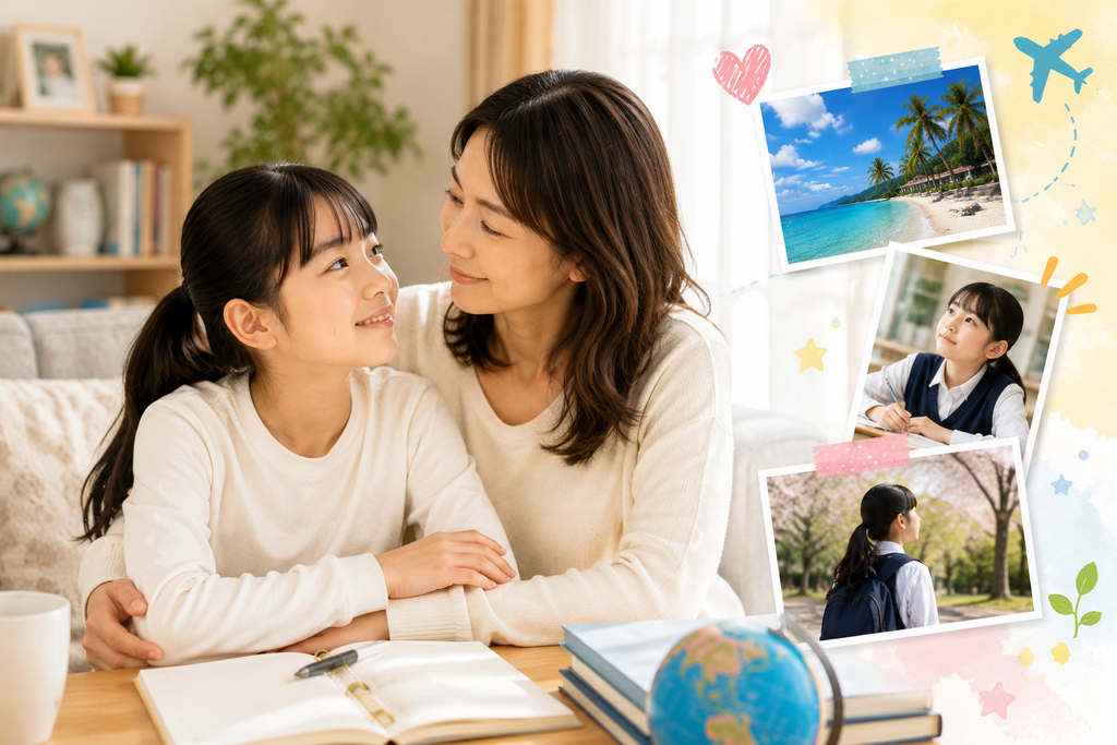 フィリピン親子留学を経験した母親と子どもが自宅で穏やかに過ごし、海外での経験を振り返りながら成長やこれからの学びについて語り合っている様子を表現したイメージ。