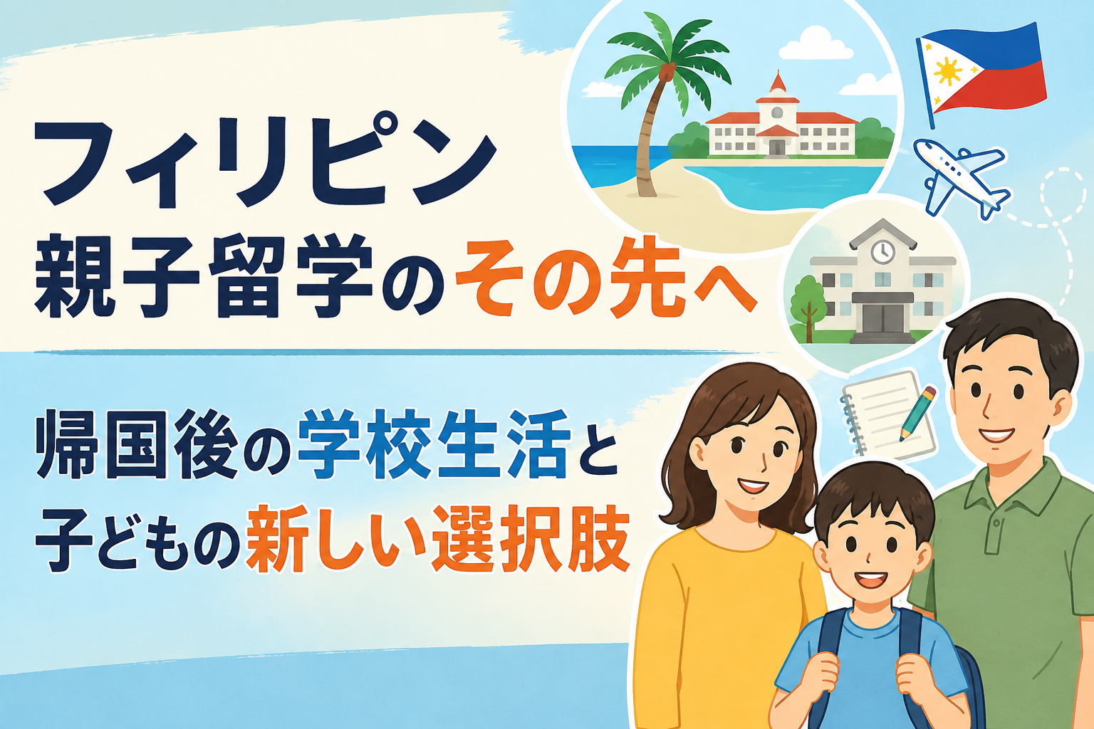 「フィリピン親子留学のその先へ｜帰国後の学校生活と子どもの新しい選択肢」を表現した、親子と学校・飛行機・フィリピンの風景を描いたイラスト