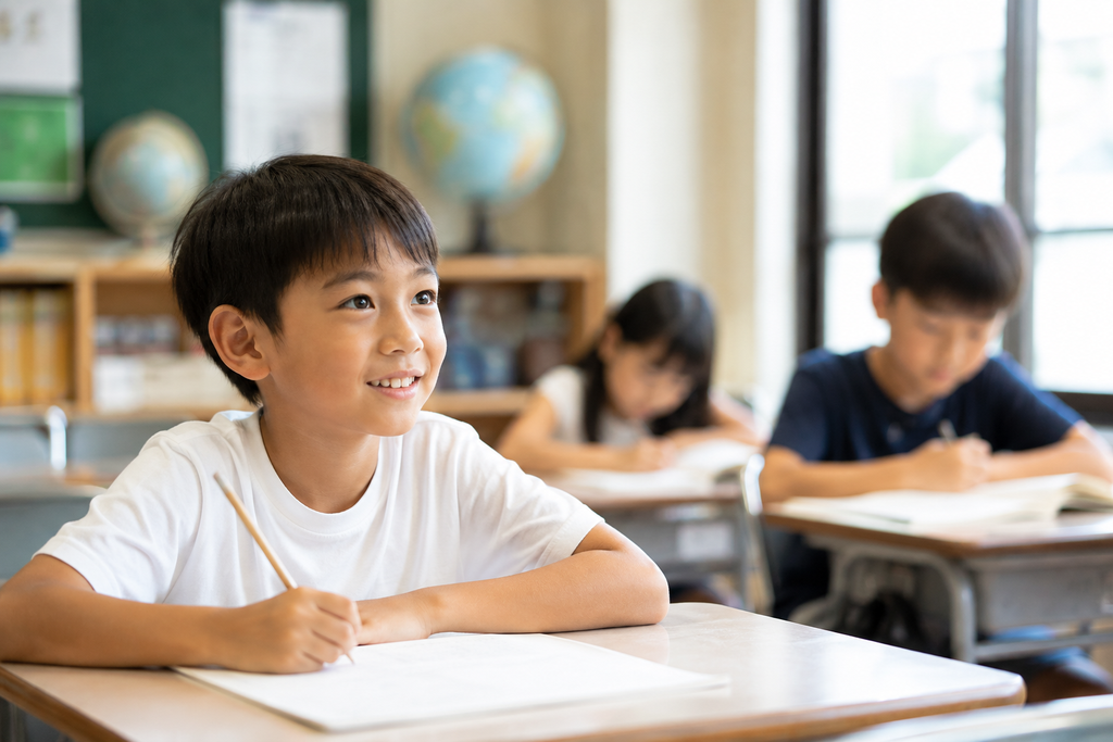 明るい教室でノートに向かう子どもと、後ろで学ぶ生徒たちの様子を写した学校生活の様子