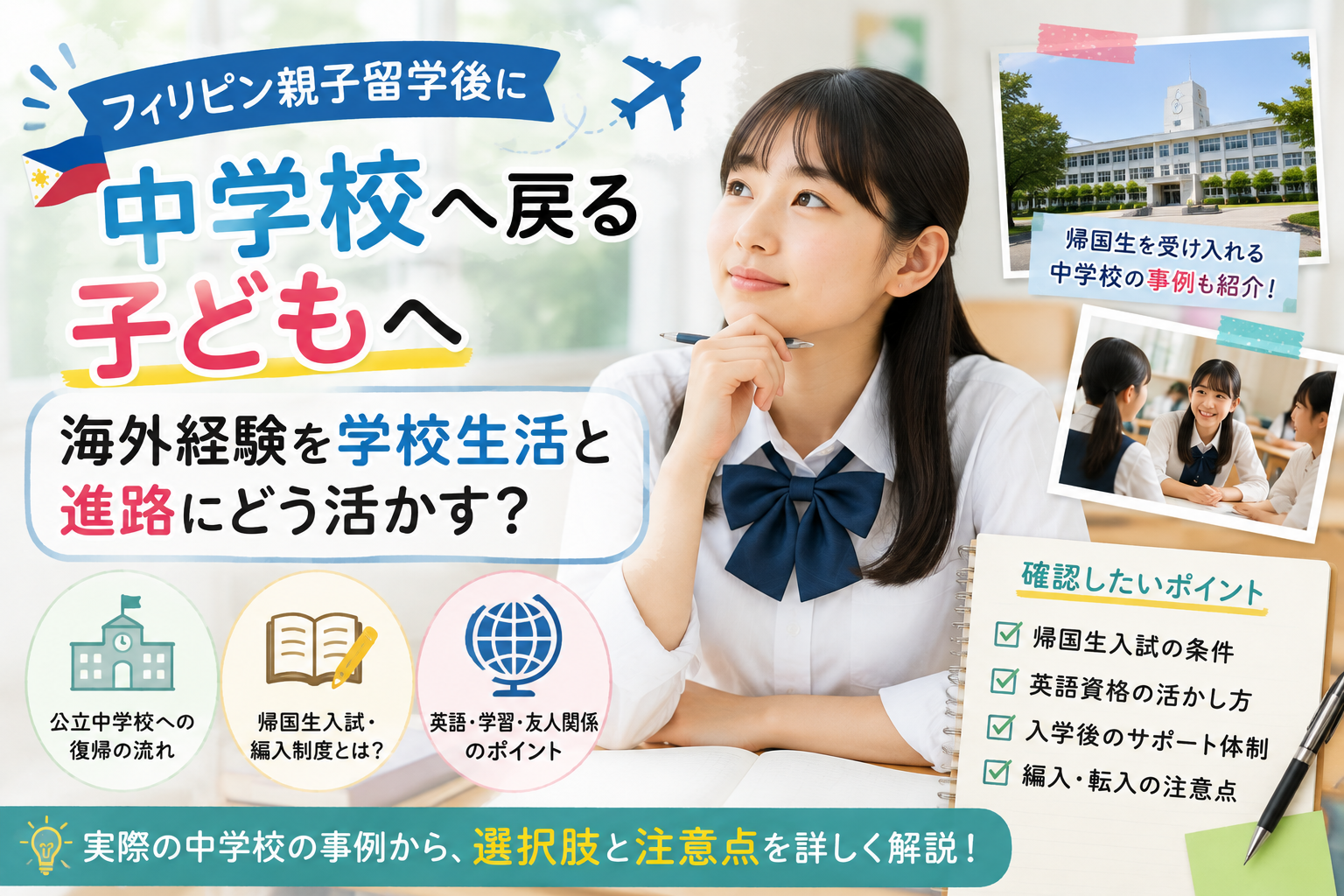 フィリピン親子留学から帰国した子どもが、日本の中学校へ戻る際の学校生活・進路・帰国生入試・編入制度を、海外経験を活かす視点から紹介する、明るくポップでありながら教育記事らしい落ち着きのある画像