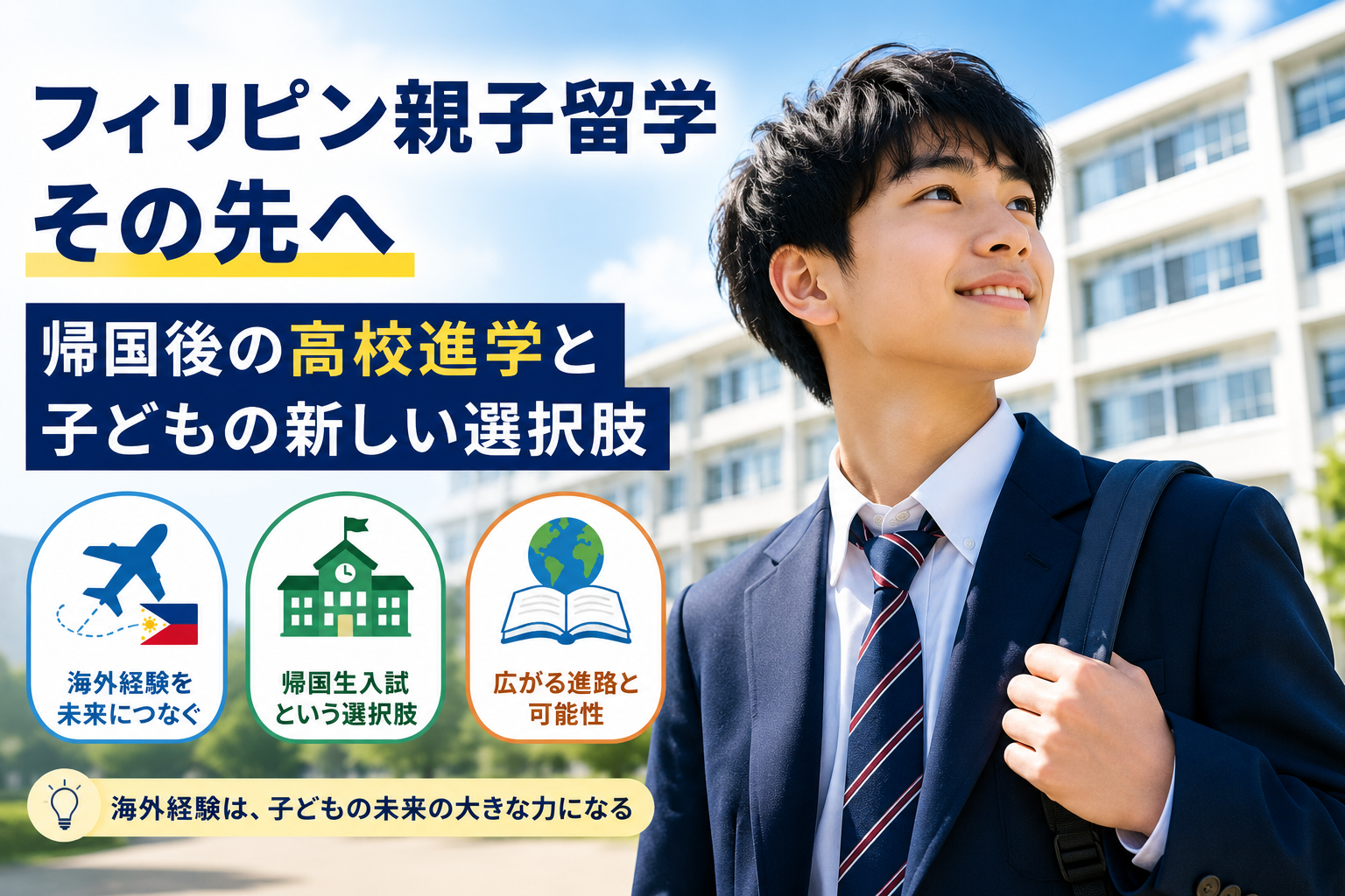 フィリピン親子留学から帰国した男子生徒が、日本の高校進学や帰国生入試、海外経験を活かした将来の選択肢について考えている様子