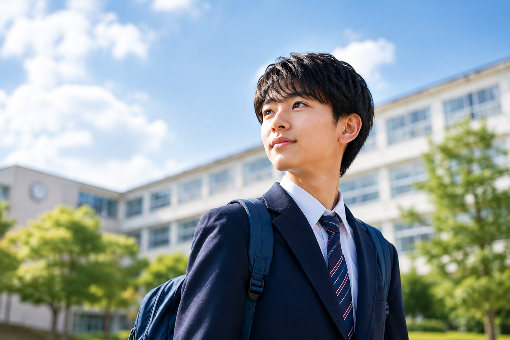 フィリピン親子留学を経験した男子生徒が、日本の高校生活やこれからの進路について前向きに考えている様子を表現したイメージ。