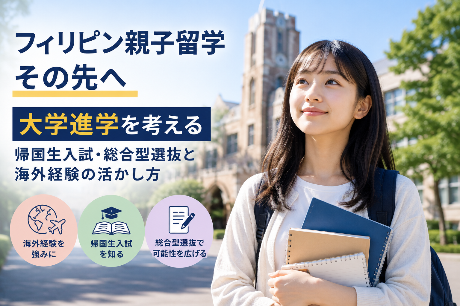 フィリピン親子留学を経験した女子生徒が、大学進学や帰国生入試、総合型選抜などを視野に入れ、海外経験を将来の学びにつなげようとしている様子を表現した、明るく爽やかな大学進学イメージ。