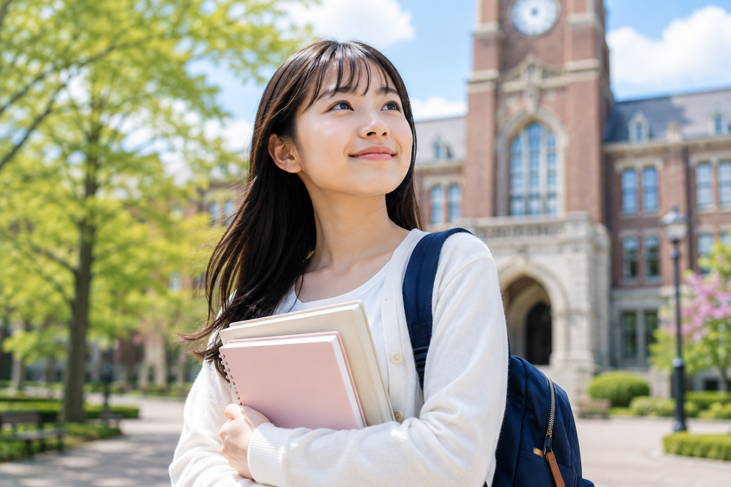 フィリピン親子留学を経験した女子生徒が、大学キャンパスで本を抱えながら将来の学びや進路について前向きに考えている様子を表現したイメージ。