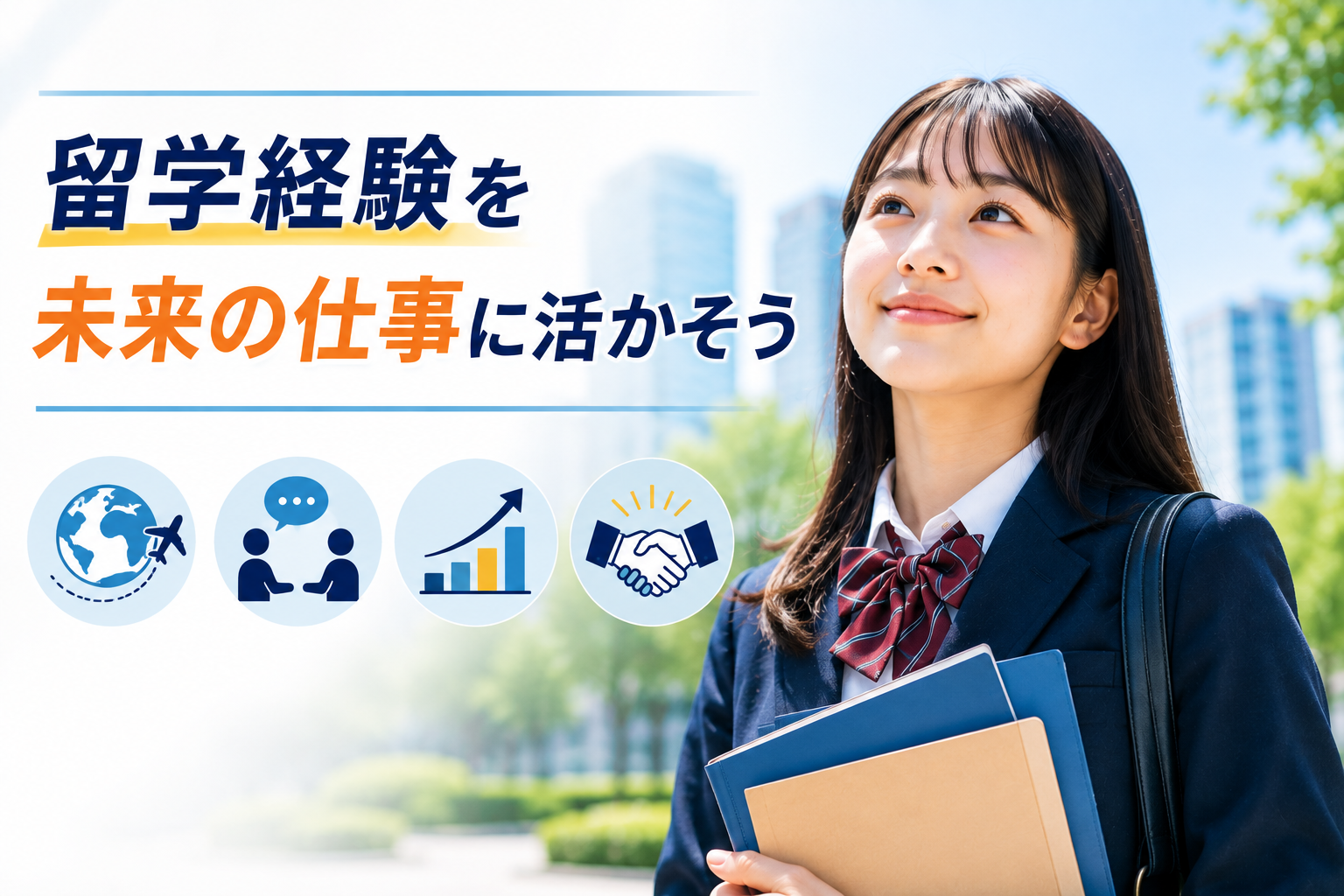 フィリピン親子留学を経験した女子生徒が、海外経験を将来の仕事や進路につなげていくイメージを表現した画像。