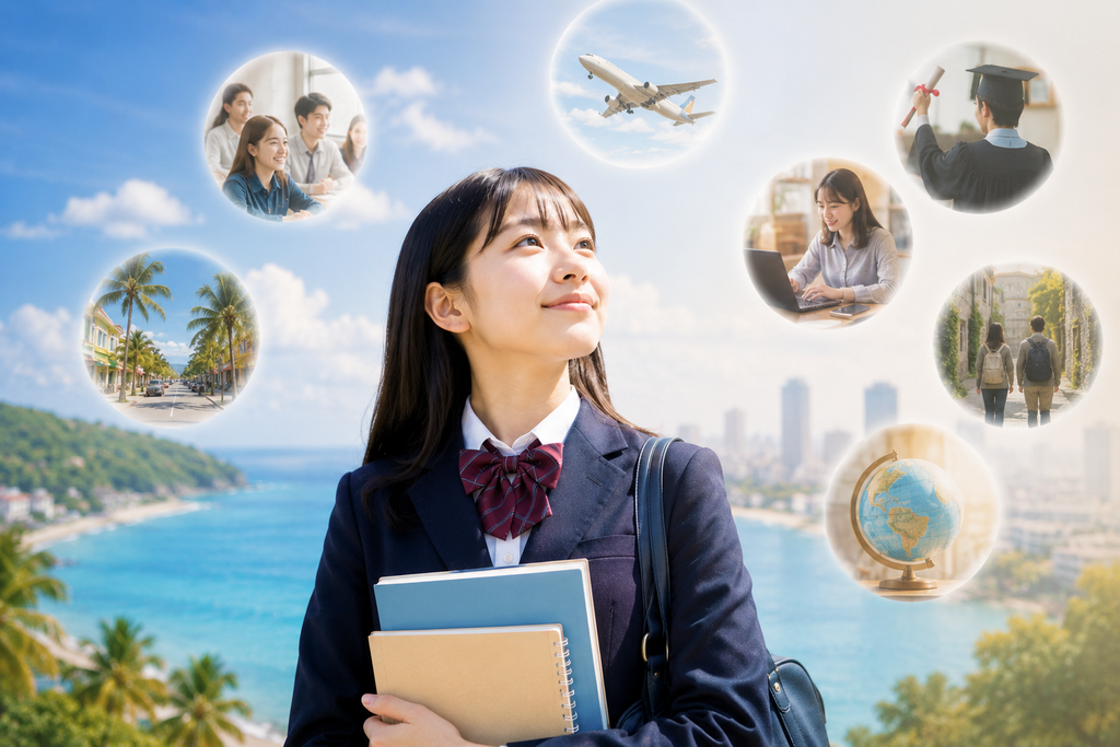 フィリピン親子留学を経験した女子生徒が、海外での学びや生活を振り返りながら、進学や仕事など未来のさまざまな可能性に思いを巡らせている様子を表現したイメージ。
