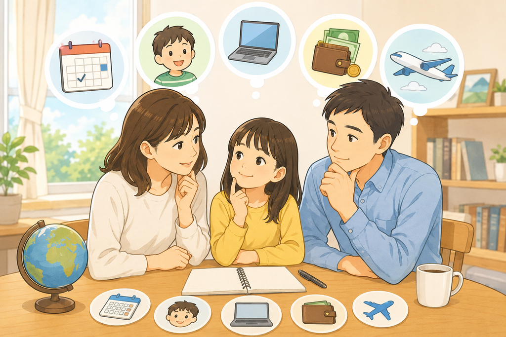 親子留学を考える家族が、母・父・子どもの3人で留学について話し合っているイラスト。テーブルには地球儀やノートがあり、家族それぞれが予定や子どものこと、仕事やお金、帰国後の生活について考えている様子。