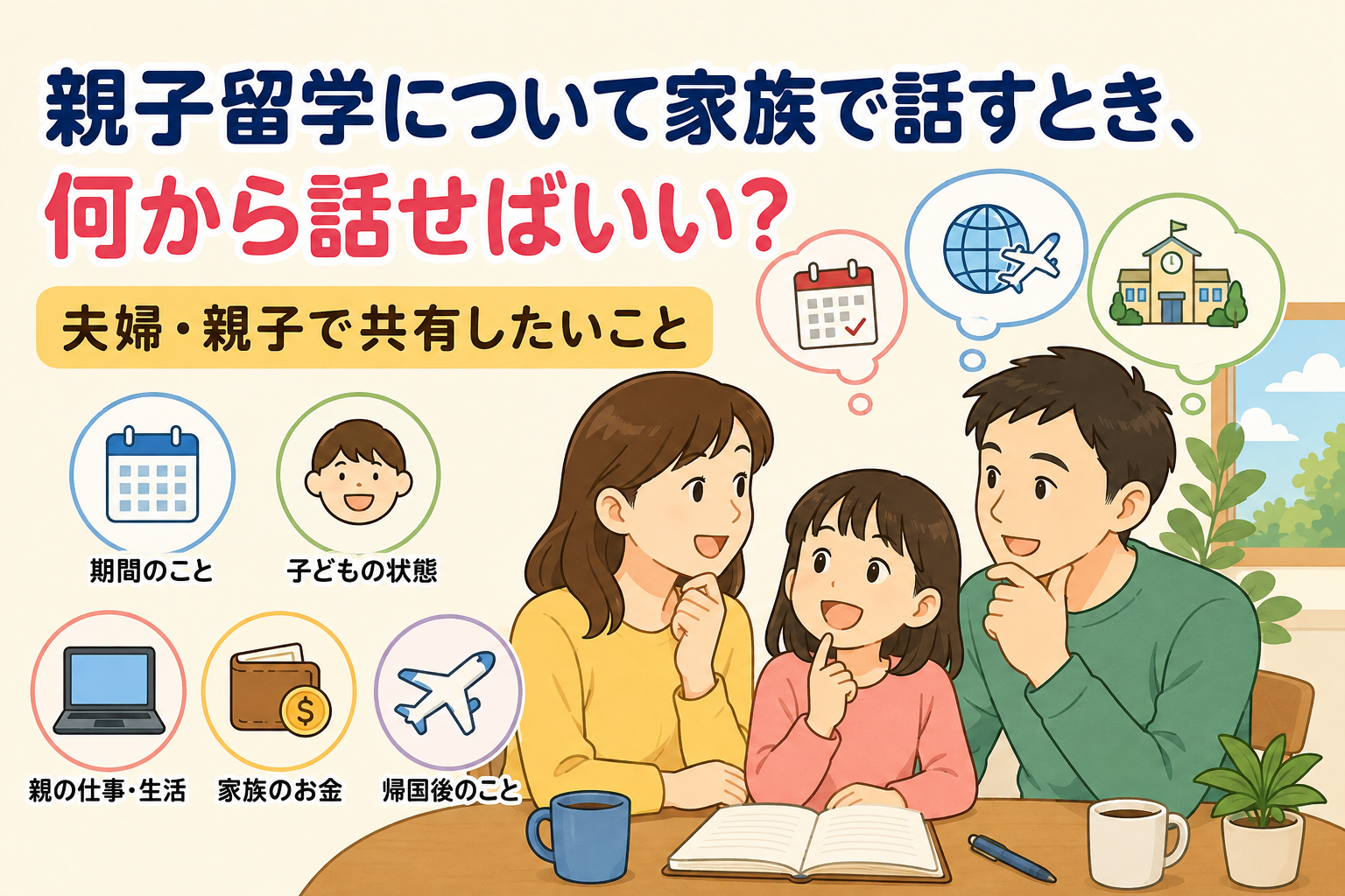 ALT：親子留学について家族で話し合う母・父・子どものイラスト。テーブルにはノートや飲み物があり、周囲には留学期間、子どもの状態、親の仕事や生活、家族のお金、帰国後のことを表すアイコンが描かれている。
