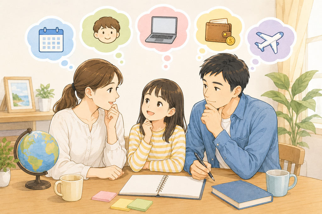 ALT：親子留学について家族で話し合う母・父・子どものイラスト。テーブルを囲みながら、家族それぞれが留学やこれからの生活について考えている様子。地球儀やノート、カレンダー、パソコン、財布、飛行機などのイラストが周囲に描かれている。