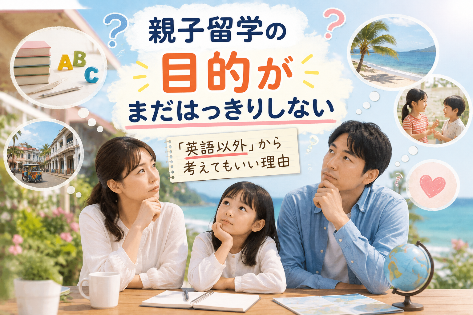 ALT：親子留学の目的について考える母・父・子どものイラスト。家族がテーブルを囲み、地球儀やノートを前に、それぞれが海外生活や学びについて考えている様子。周囲には本や英語、街並み、海、子ども同士の交流、飛行機など、英語以外のさまざまな経験を表すイラストが描かれている。