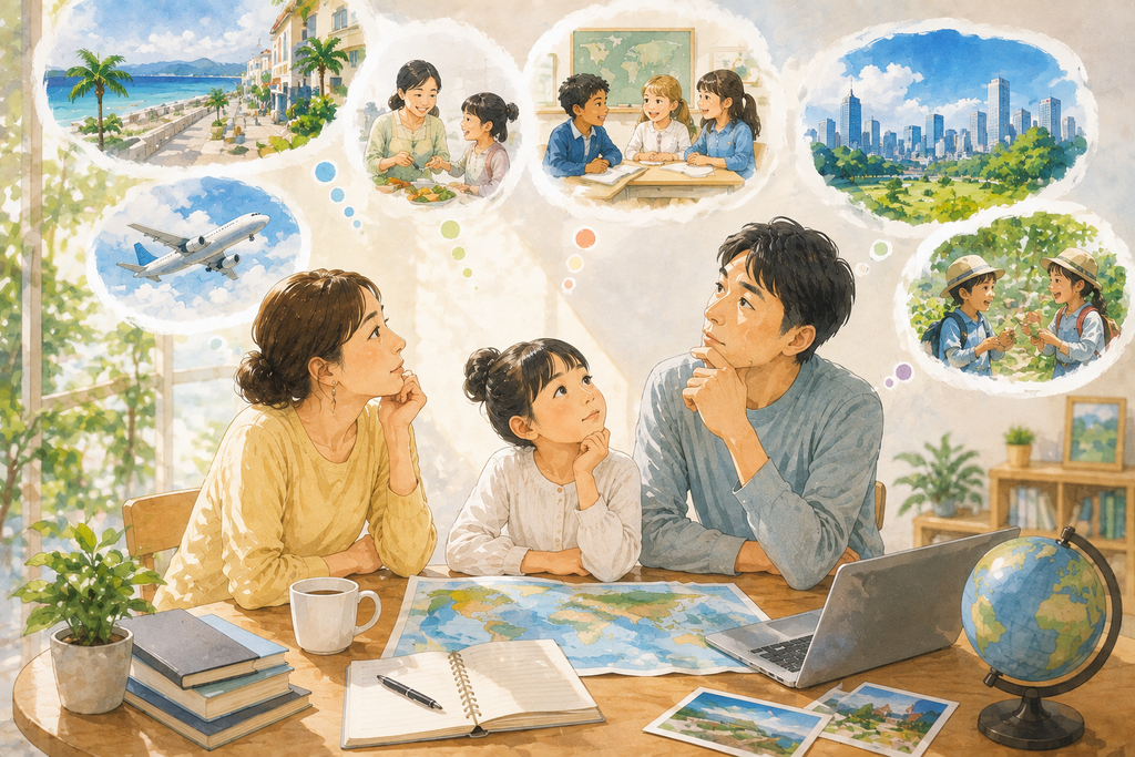 ALT:親子留学について考える母・父・子どものイラスト。家族がテーブルを囲み、地図やノートを見ながら、海外での生活や学びについて思いを巡らせている。周囲には海辺の街、海外の学校、街並み、子ども同士の交流、飛行機など、英語以外にも広がるさまざまな海外経験をイメージした場面が描かれている。