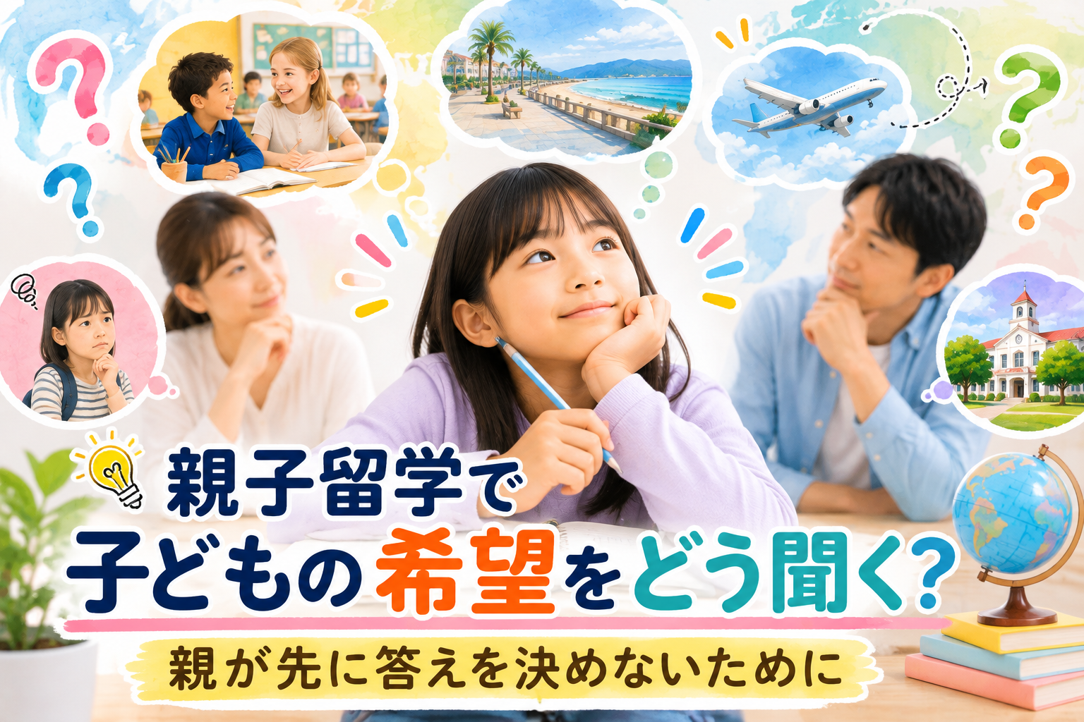 ALT：親子留学について考える家族のイラスト。子どもが自分の希望や気持ちを考えながら、両親が耳を傾けている様子が描かれている。周囲には海外の学校、友達との交流、海辺の街、飛行機、地球儀など、親子留学で経験できるさまざまな選択肢をイメージしたイラストが配置されている。