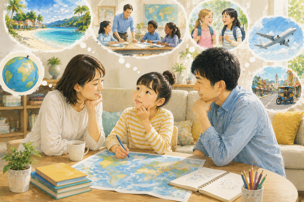 ALT:親子留学について家族で考えている様子を描いたイラスト。子どもを中心に母親と父親が話を聞きながら見守り、テーブルには世界地図やノートが置かれている。周囲には海外の学校、友達との交流、海辺の街、飛行機、街並みなど、子どもが親子留学で経験できるさまざまな場面が描かれている。