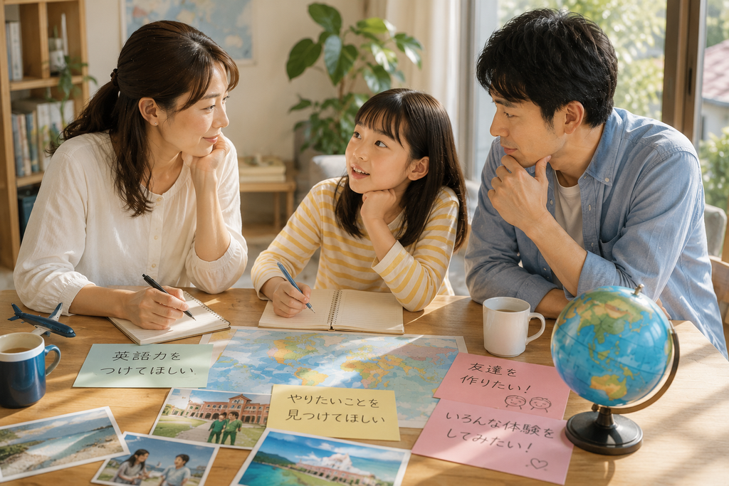 親子留学について家族で話し合っている様子。母親、父親、子どもがテーブルを囲み、地図やノート、地球儀などを見ながら、それぞれの希望や海外でやってみたいことを考えている。