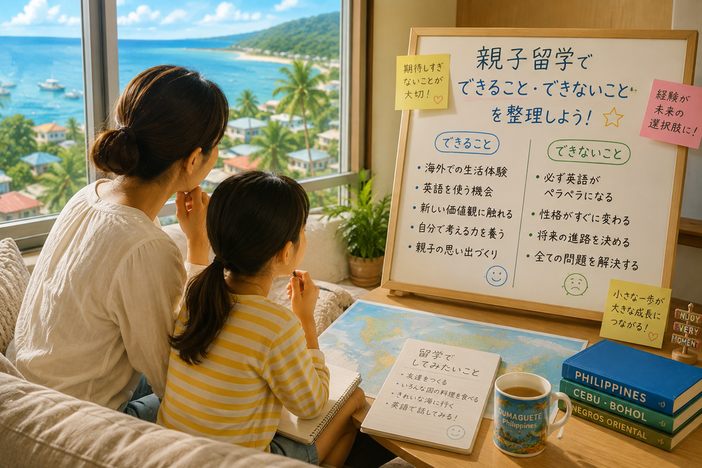 窓辺で母親と子どもがフィリピンでの親子留学について考えている様子。2人を後ろ姿から捉え、ノートや地図、留学先をイメージできる資料を見ながら、親子留学でできることとできないことを整理している。
