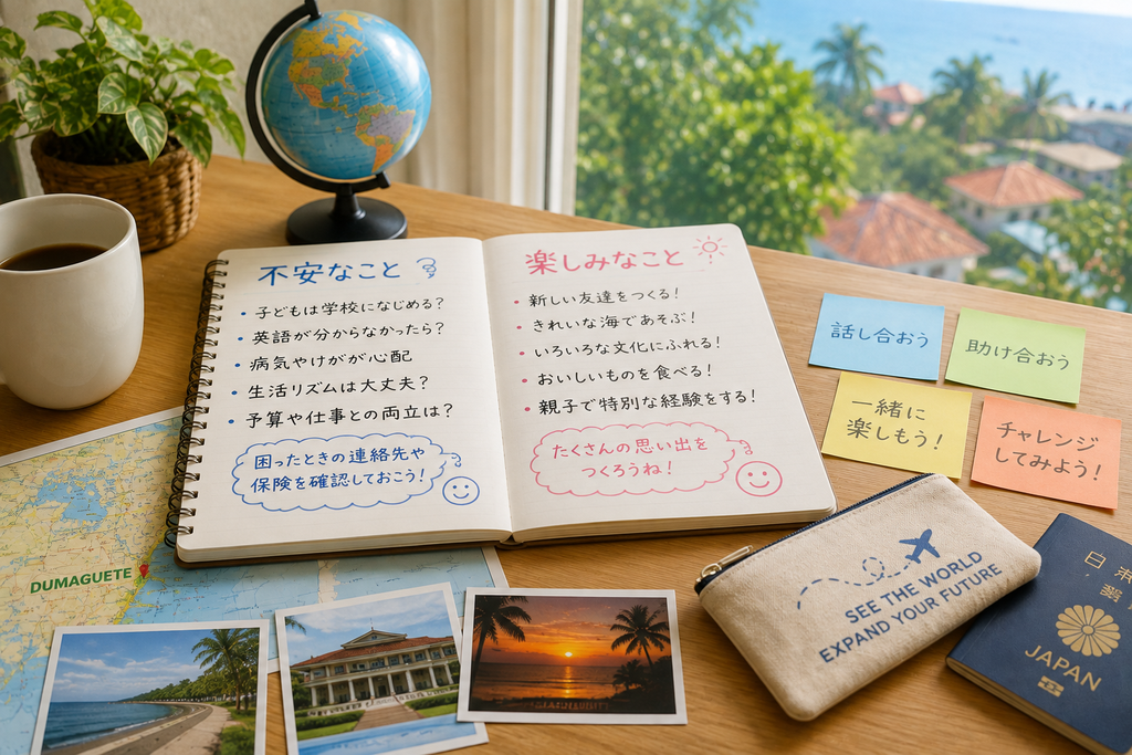 親子留学前に家族で不安や楽しみについて話し合っている様子。母親、父親、子どもが一緒に旅行や海外生活について考え、地図やノートを囲んで出発前の準備をしている。