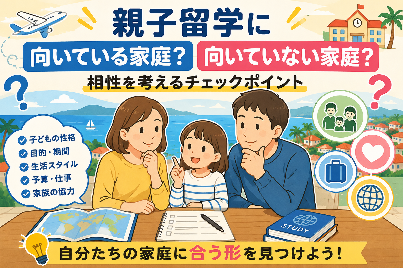 親子留学に向いている家庭・向いていない家庭について、両親と子どもが地図やチェックリストを見ながら家族に合う留学の形を考えているイラスト。