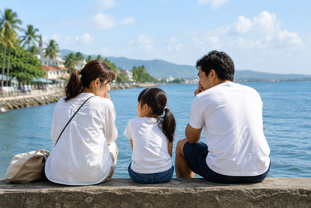親子留学について家族で話し合い、それぞれの気持ちや希望を考えながら海外生活をイメージしている家族の後ろ姿。海辺の街を眺めながら、家族に合う留学の形を考えている様子。