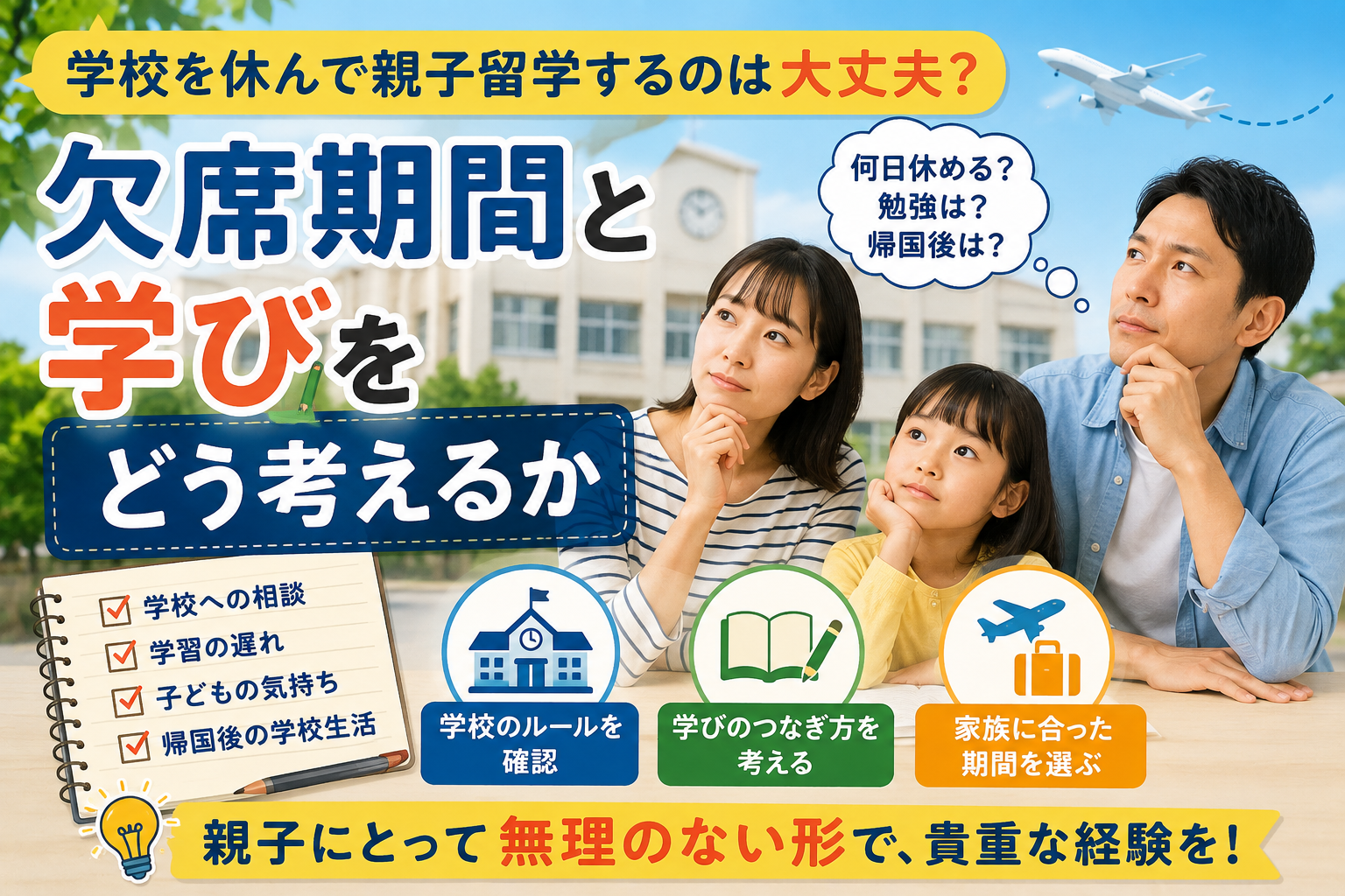 学校を休んで親子留学する際に、欠席期間や学習、学校への相談、帰国後の生活について家族で考えているイメージ
