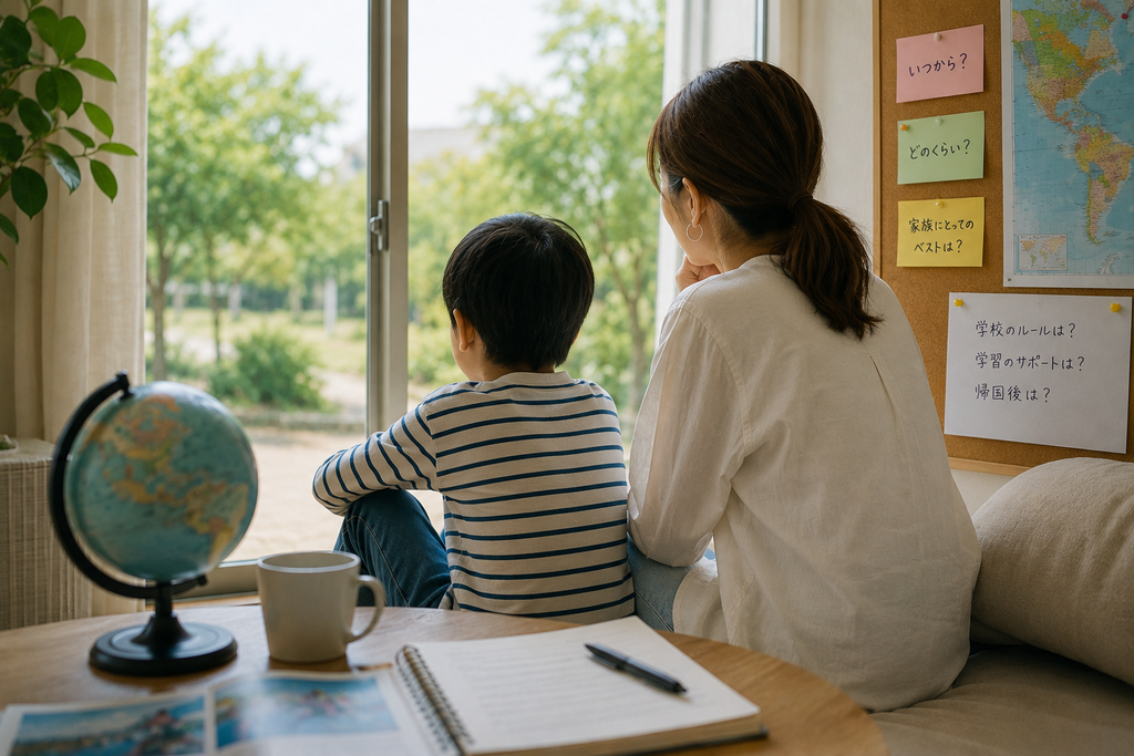 親子留学について、学校生活や学習、帰国後のことを親子で考えながら話している家庭の様子