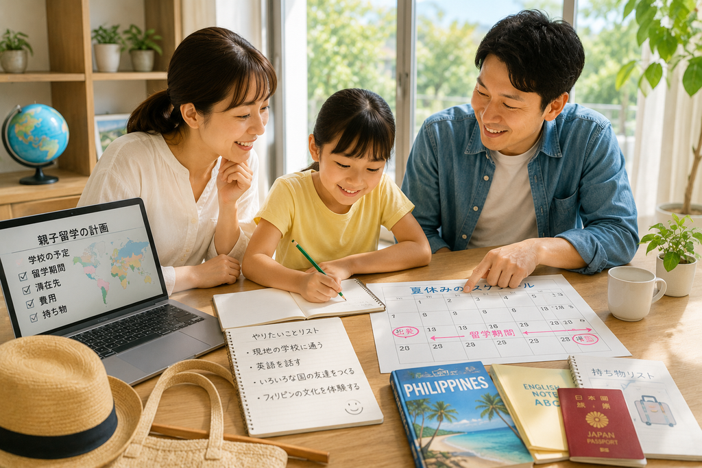 夏休みの親子留学に向けて、子どもと両親が留学期間や学校、持ち物などを確認しながら計画を立てている様子