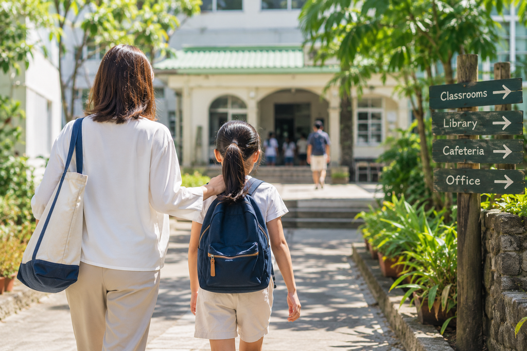 学校へ向かう親子が、緑の多いキャンパスの道を歩いている様子
