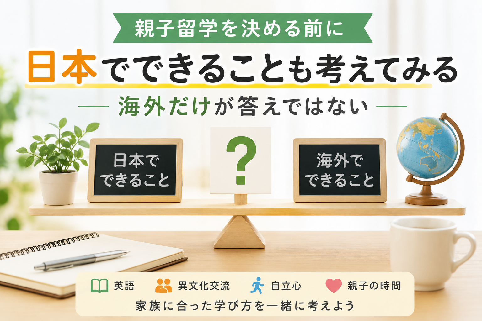 親子留学を決める前に、日本でできる学びや体験と海外での経験を比較しながら、家族に合った選択肢を考えているイメージ