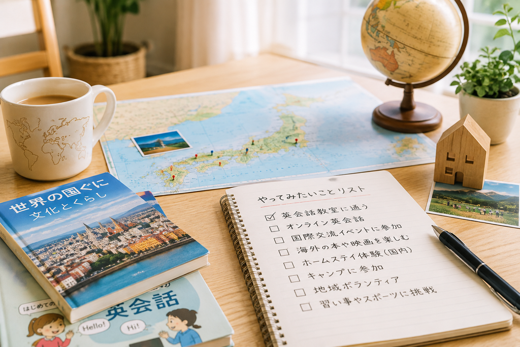 日本でできる英語学習や国際交流など、海外へ行かなくてもできる経験を整理しながら、親子留学を考えているイメージ