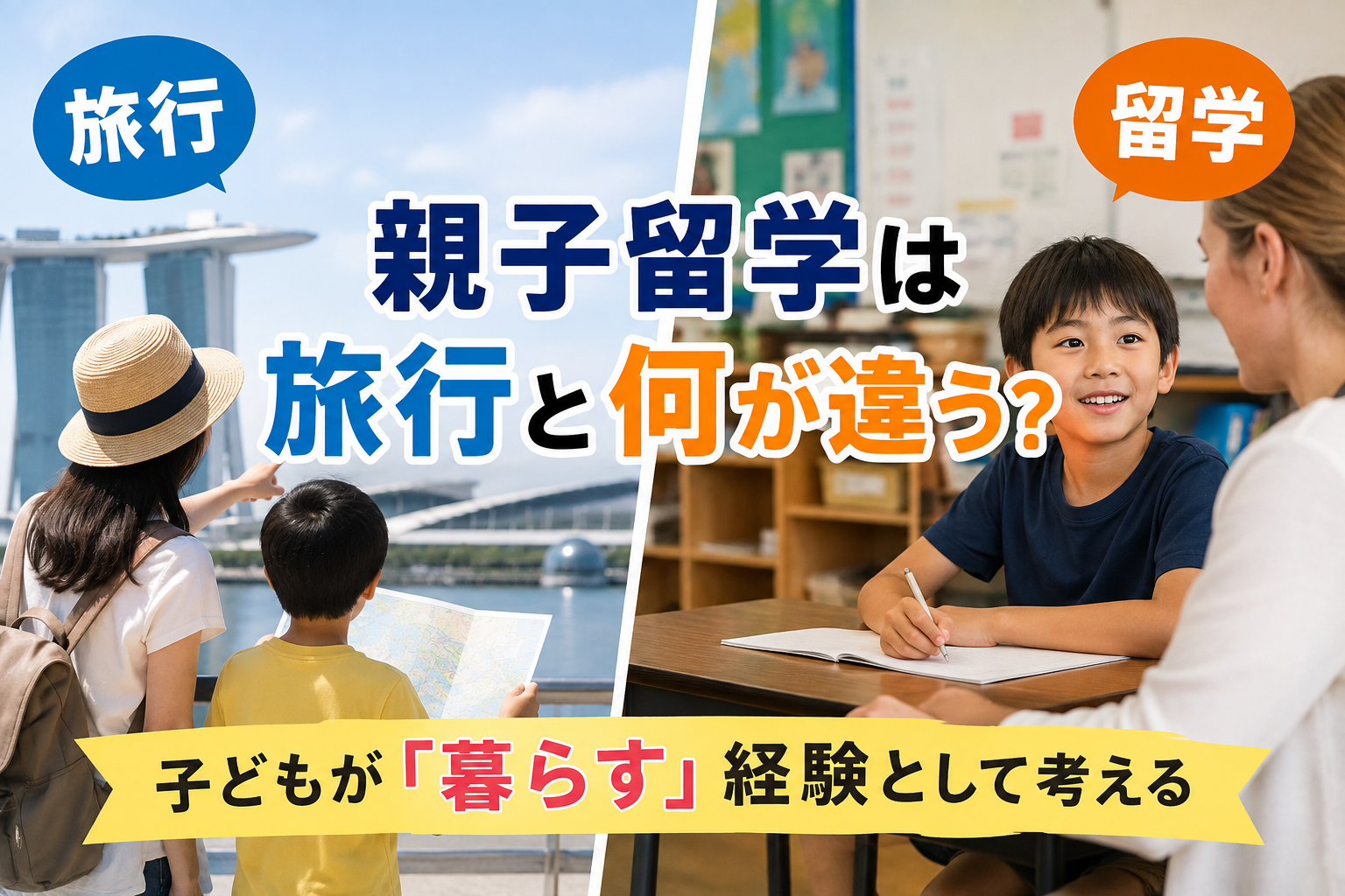 旅行と親子留学の違いを、観光する親子と現地の学校で学ぶ親子の対比で表現した画像。