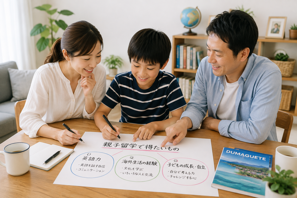 親子留学で得たいものについて、子どもを中心に家族で話し合い、英語・海外生活・子どもの成長という目的を整理している様子。