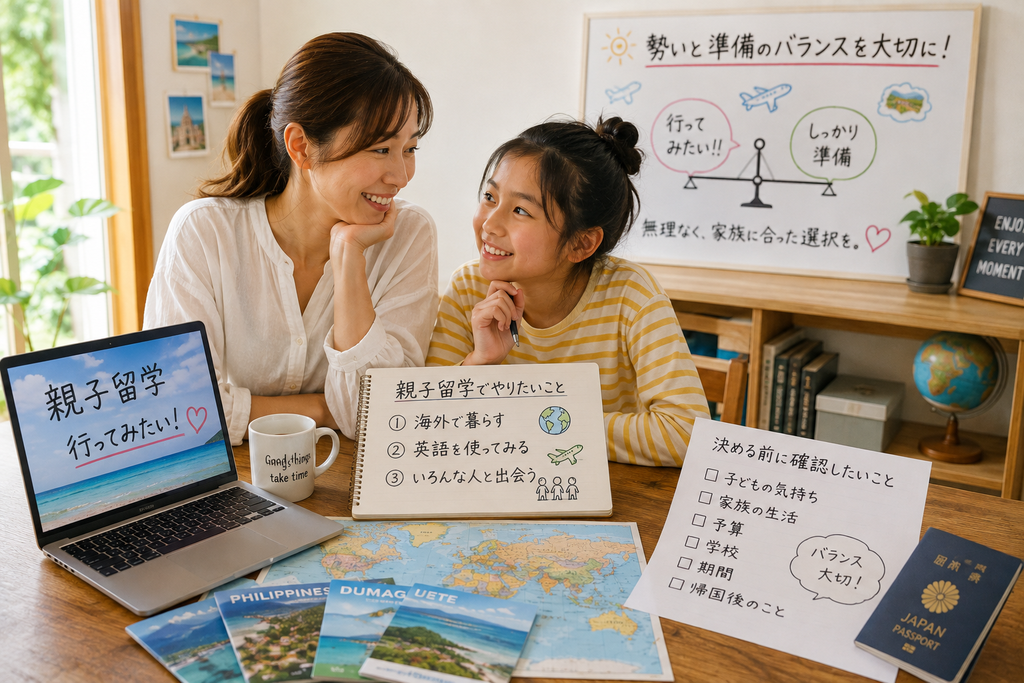 親子で海外生活への期待や留学前の準備について話し合い、行ってみたい気持ちと無理のない計画のバランスを考えている様子。