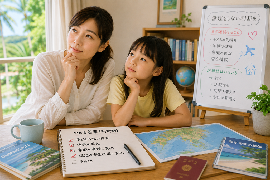 親子留学を無理なく続けるため、子どもの気持ちや健康、家庭事情、安全状況などを確認しながら判断基準を考えている親子。
