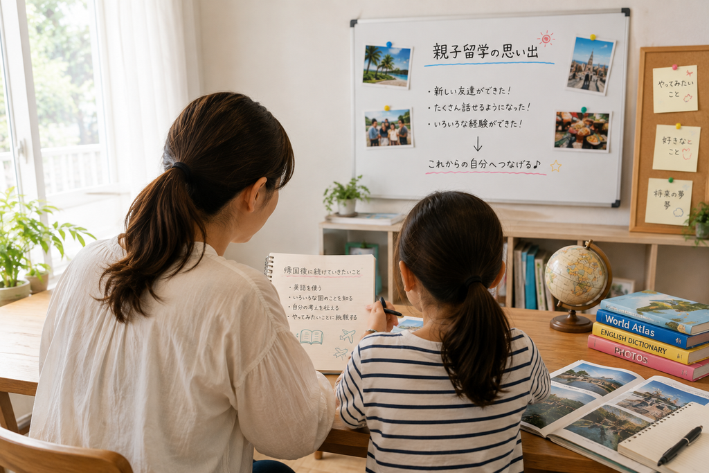 親子留学の経験を振り返り、帰国後の学びやこれからの目標について親子で話し合う様子。