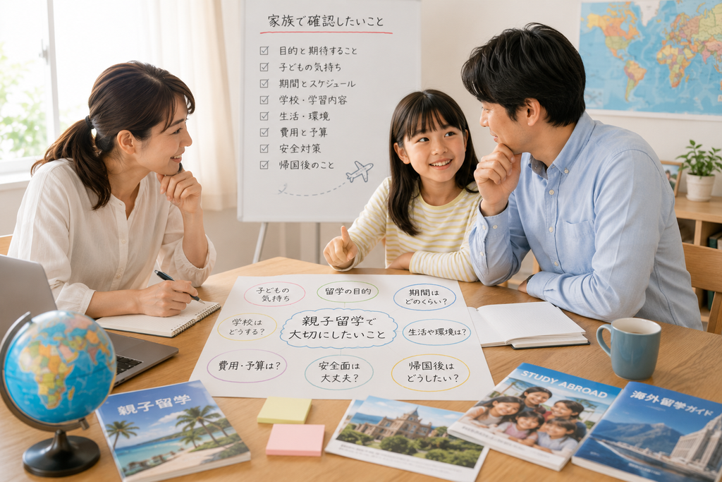 親子留学を決める前に、家族で目的や子どもの気持ち、学校、生活、費用、帰国後について話し合っている様子。