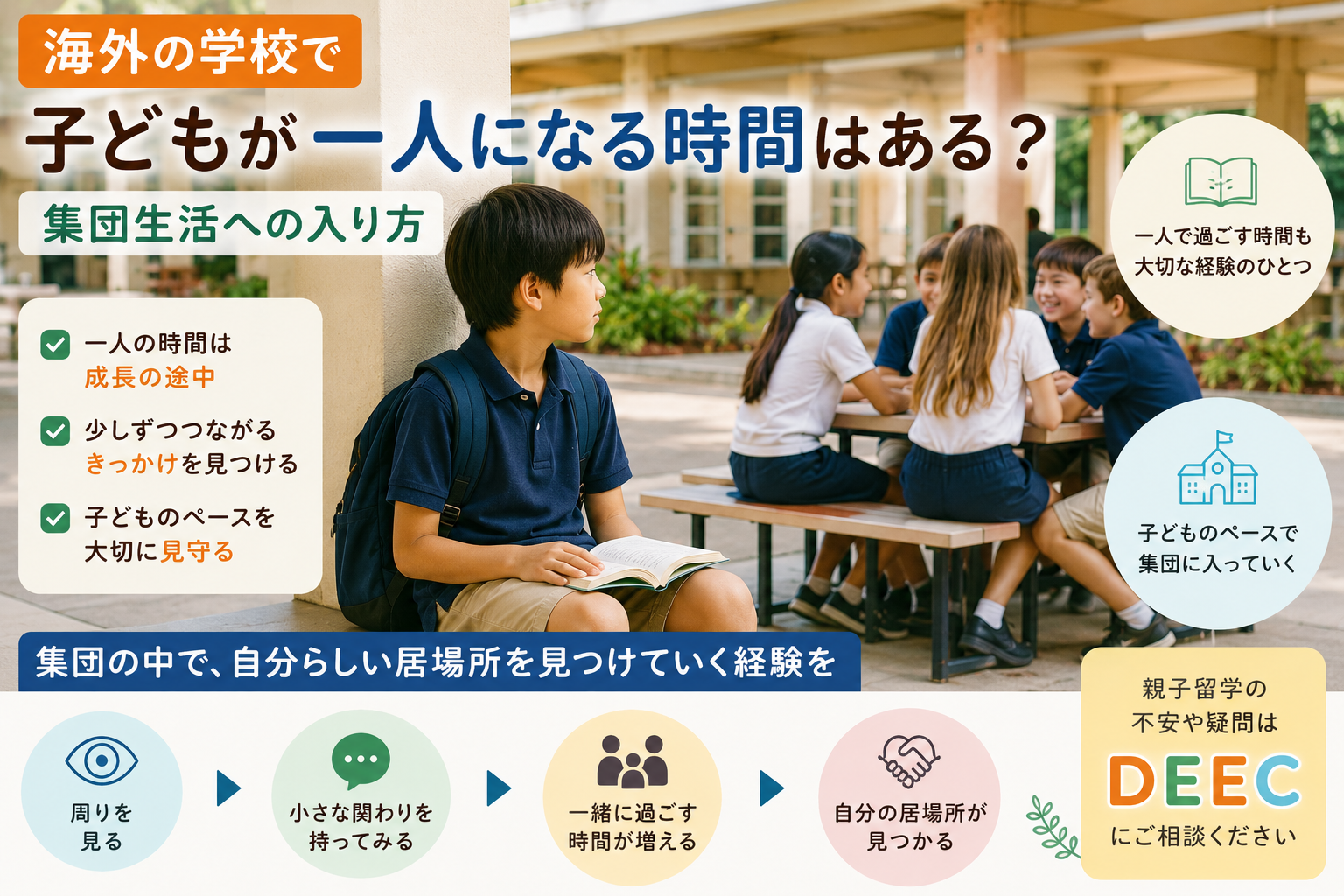 海外の学校の休み時間に、一人で本を読みながら過ごす子どもと、近くで友達同士が交流している様子