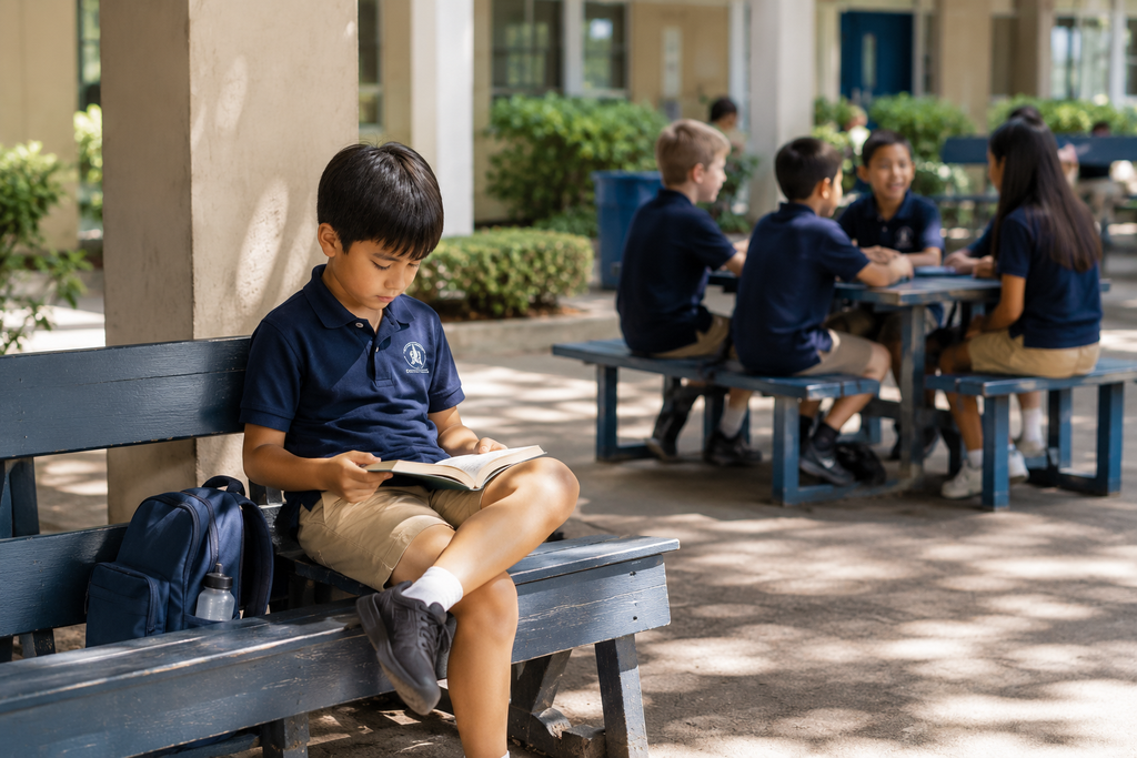 海外の学校の休み時間に、一人でベンチに座って本を読みながら過ごす子どもと、近くで友達同士が交流している様子