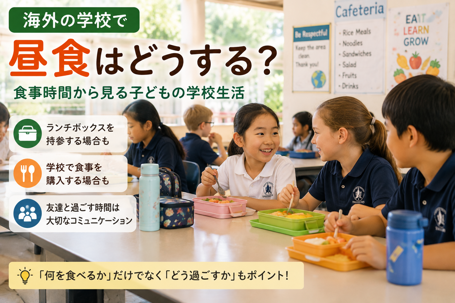 海外の学校で、昼食を友達と一緒に楽しむ子どもたちの学校生活の様子