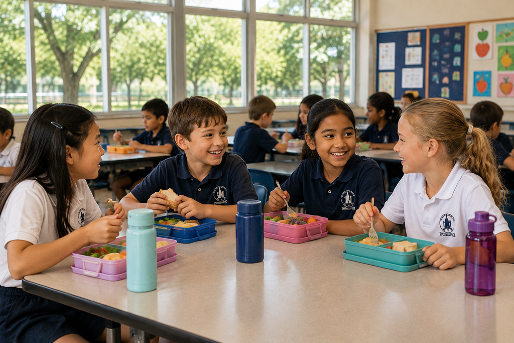 海外の学校の昼食時間に、子どもたちがランチボックスを囲みながら友達と会話を楽しんでいる様子