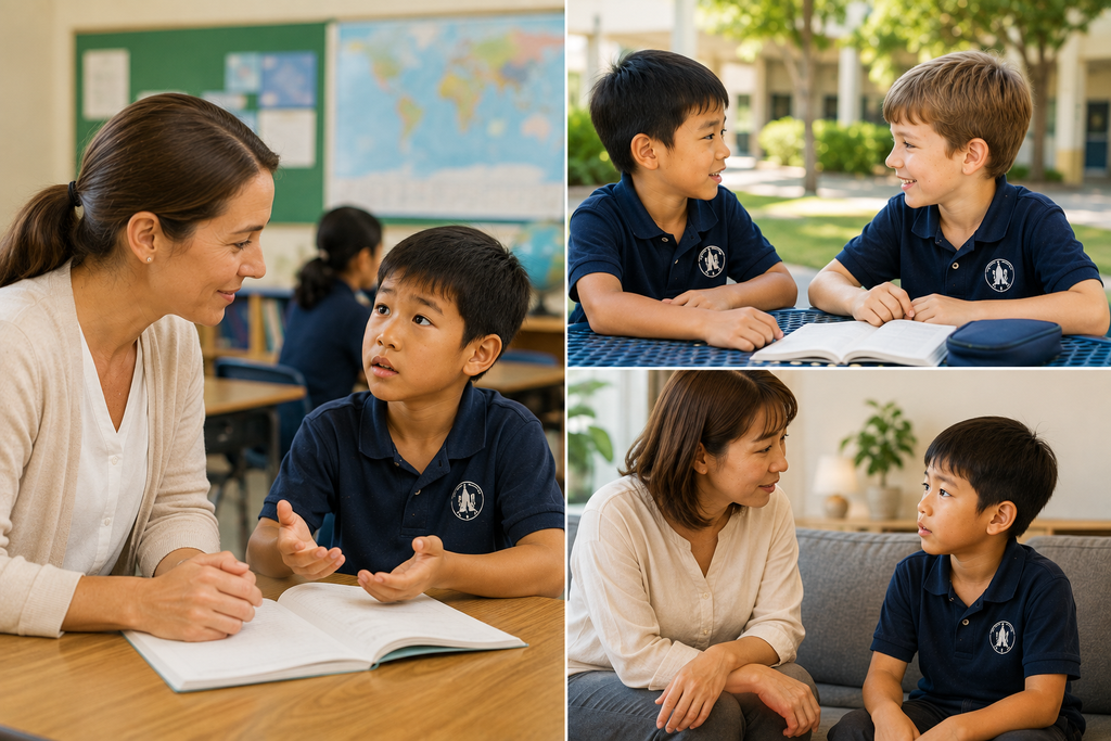海外の学校で、子どもが先生や友達、親に相談している様子